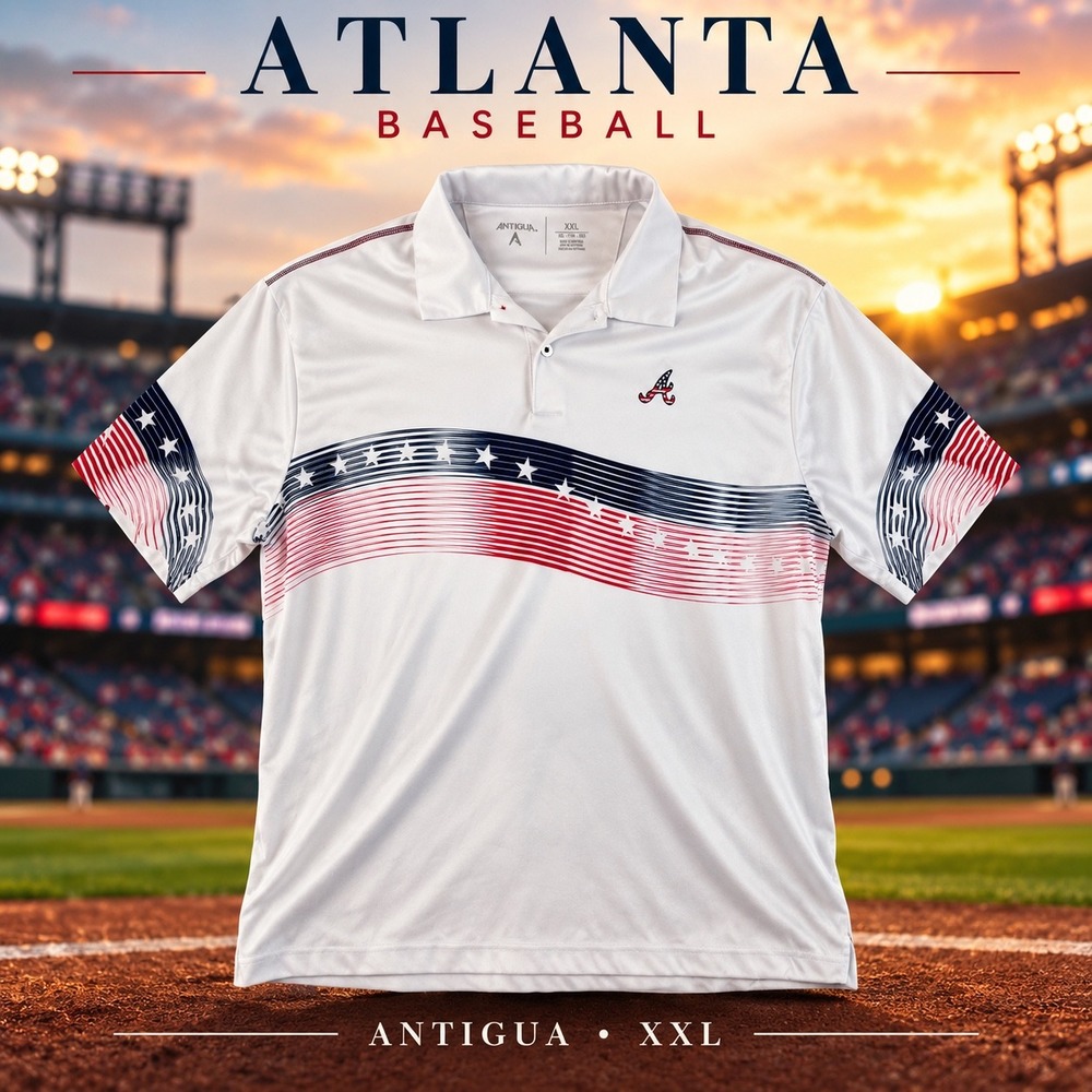 Antigua Atlanta Braves Mens XXL White Patriotic Stars Stripes Polo Shirt